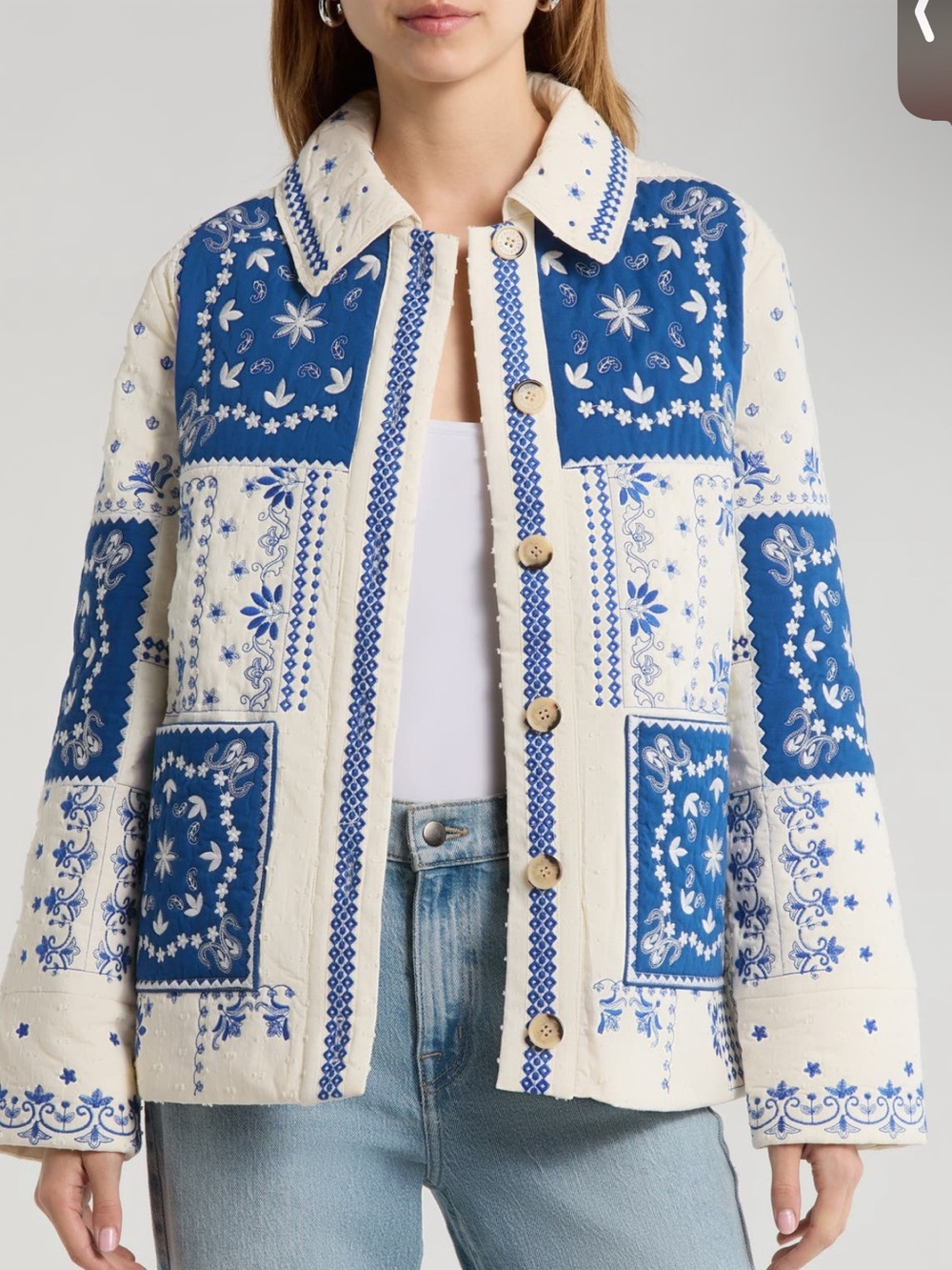 Caroline Constas Womens Patchwork Print Jacket Size Large Floral Blue White